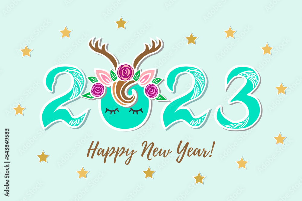 Vector Illustration 2023 with Deer Tiara and eyes as Happy New Year postcard, party invitation, postcard motive, Merry Christmas card. Vector Illustration 2023 with Deer Tiara and eyes as Happy New Year postcard, party invitation, postcard motive, Merry Christmas card.