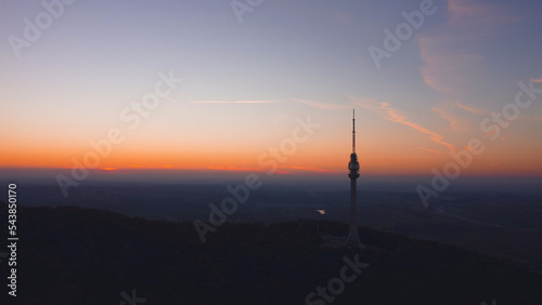 Aerial shot of mountain Avala and communication tower, symbol of Belgrade, Serbia.