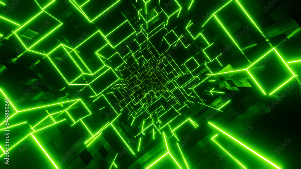 Flying through a tunnel of green neon cubes. 3D rendering illustration