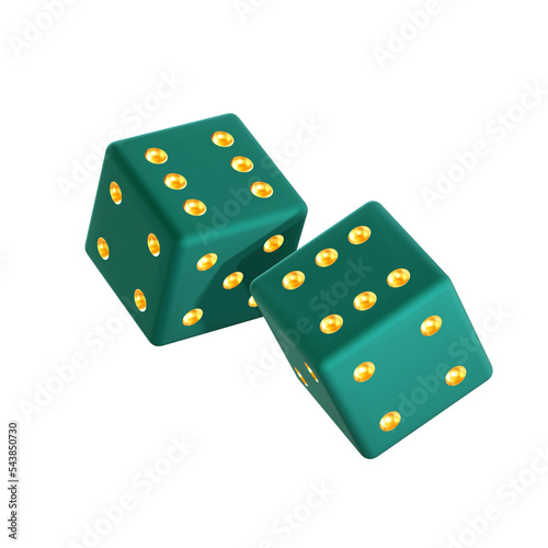 Two randomly rotated dark turquoise dice with gold embossed dots. Isolated on transparent background. 3d render