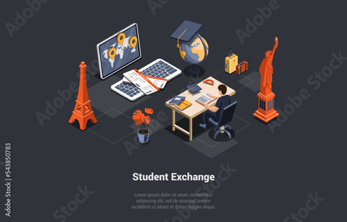 Student Exchange, Work And Travel Program. Exchange Student Choosing Country For Studying Abroad Sitting In University At The Desk. Internet Education Course Degree. Isometric 3D Vector Illustration