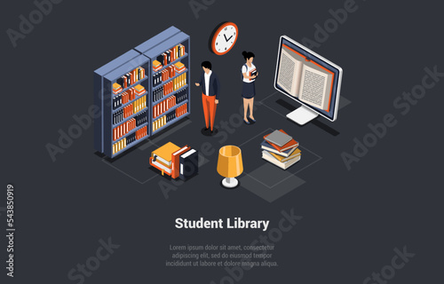 Self Education And Online Library. Male And Female Students At Online Library Choosing Books. Digital Library Interior With Characters, Computer And Stack Of Books. Isometric 3d Vector Illustration