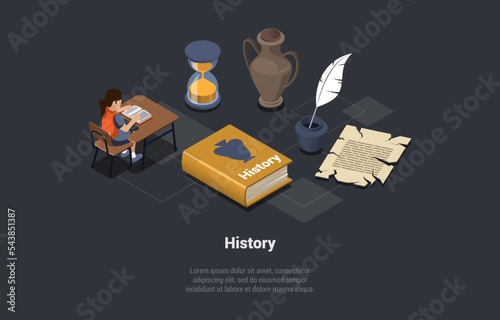 History Classroom with Girl Student. Ancient Symbols, Piece of Parchment, History Book. Female Character Reading Information About Ancient Items And Museum Exhibit. Isometric 3d Vector Illustration