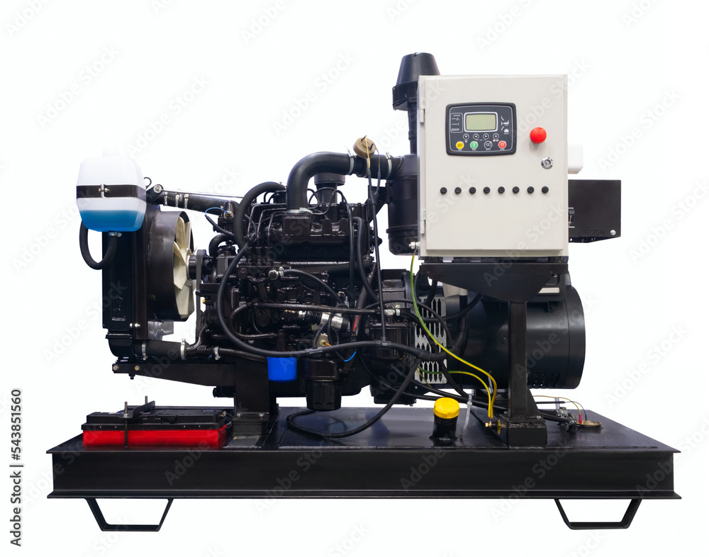 Fototapeta premium Mobile diesel motor electric generator isolated on white background, industry power energy engine concept
