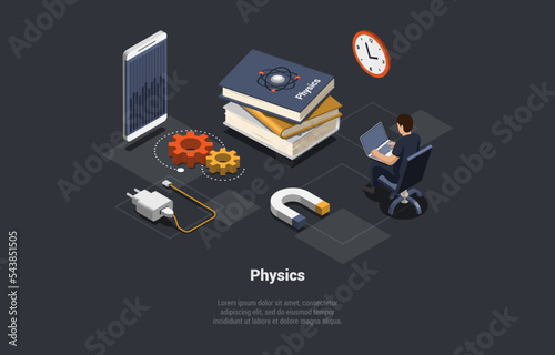 Physics Studying, Subject, Education And Science Concept. Male Character Work On Laptop Near Huge Magnet And Power Adapter. Scientist Explore Electricity, Magnetism. Isometric 3d Vector Illustration