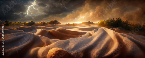 Foto Dramatic sand storm in desert, thunderstorm, lightning