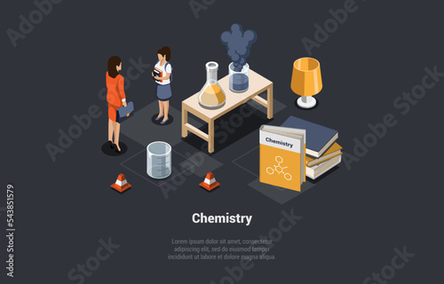 Concept Of Chemistry Studying, Subject, Education, Online Science Courses. Female Characters Girls Near Huge Textbook, Flask with Reagents. School Education System. Isometric 3d Vector Illustration
