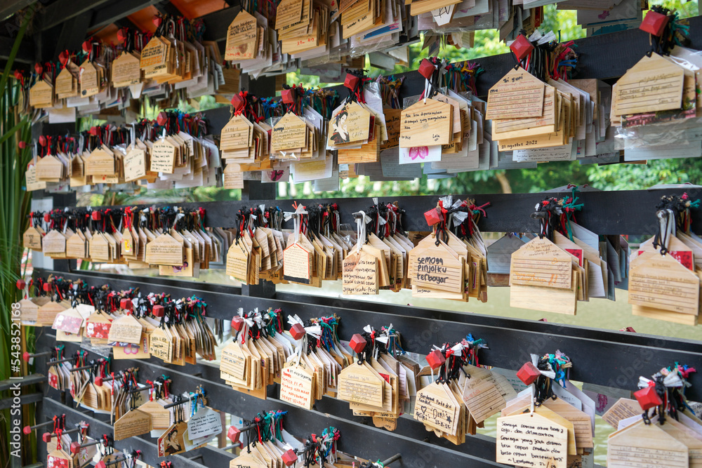 Obraz premium Tokyo, Japan - October, 2022 : Wooden prayer cards at the Meiji Jingu Shrine. Meiji Jingu Greeting Cards. Choose your ema: these are wooden tables you can write wishes on for the future. 