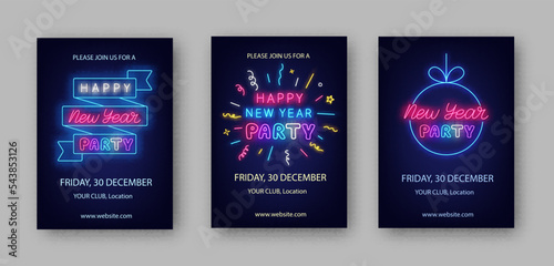Happy New Year party neon poster collection. Confetti, ribbon and Christmas ball frames. Vector stock illustration