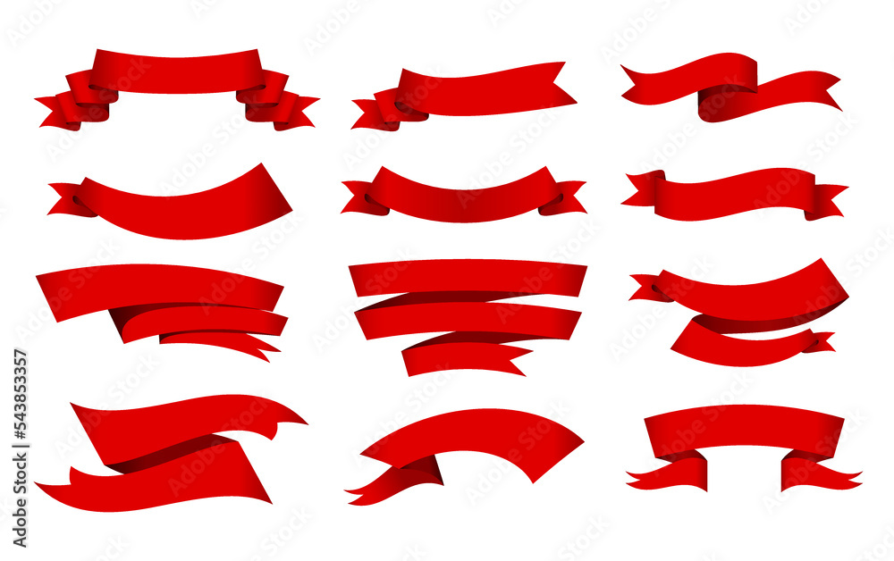 Red ribbons banner elements. Decorative retro flags, ribbons for text, price tags, sales tags. Isolated on white background