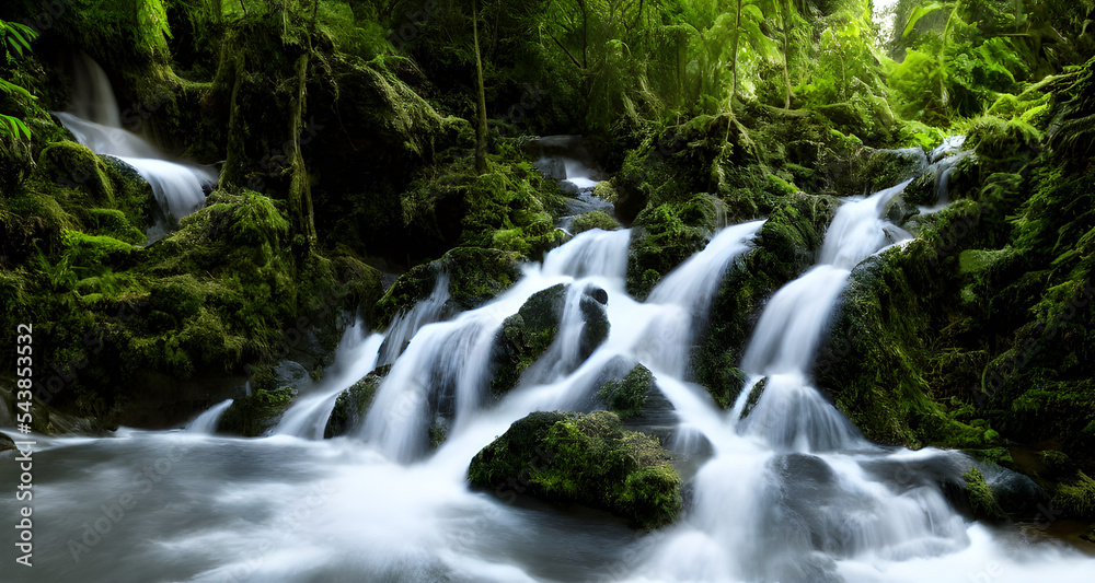 Realistic illustration Green Forest With Cascading Waterfalls Realistic illustration Green Forest With Cascading Waterfalls