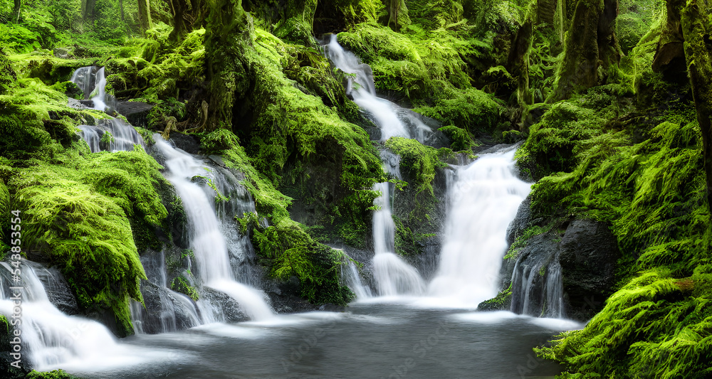 Realistic illustration Green Forest With Cascading Waterfalls