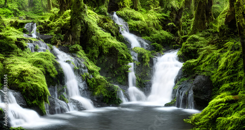 Realistic illustration Green Forest With Cascading Waterfalls
