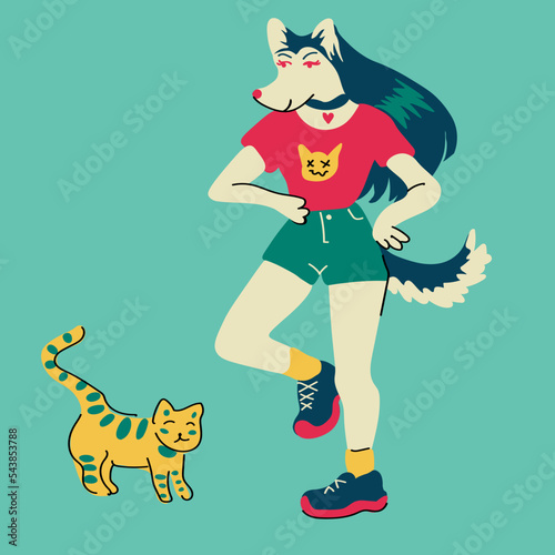 furry dog husky girl character walking with a cat