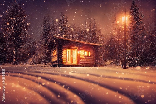 forest winter cabin in snow and lights from inside 3d illustration with copy space © Ecleposs