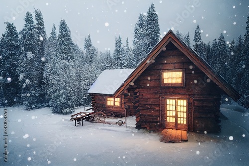 Billede på lærred forest winter cabin in snow and lights from inside 3d illustration with copy spa