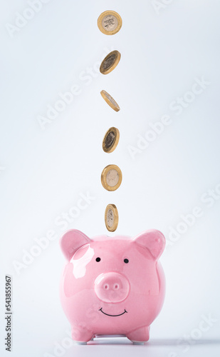 Isolated of coins dropping to pink piggy bank saving for deposit banking of investment , retirement to get profit and interest concept. photo