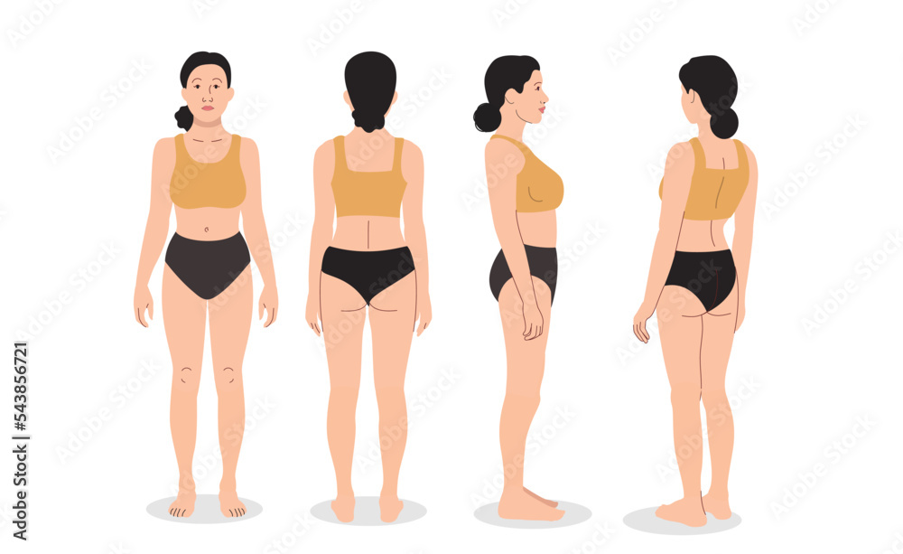 Model-sheet of a woman with front,back,side views.