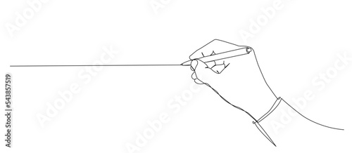 continuous single line drawing of hand holding pen, line art vector illustration