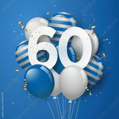 Happy 60th birthday with blue balloons greeting card background. 60 years anniversary. 60th celebrating with confetti. Vector stock photo