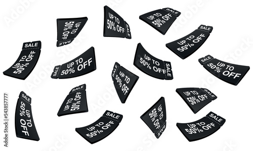 Black flying 50% discount voucher for promotions, social networks, online advertising. Big sale gift coupon for purchase.