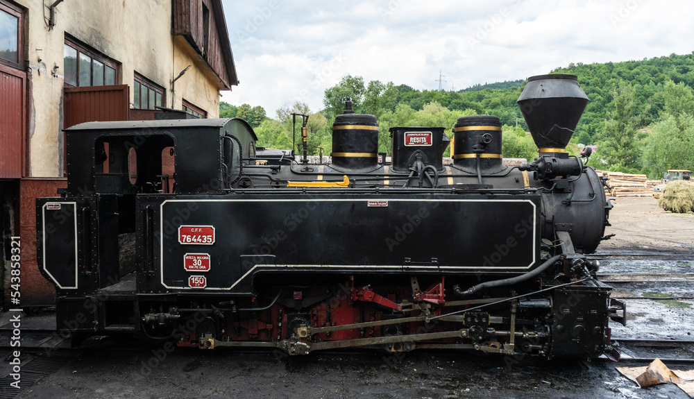 Naklejka premium Vintage steam train chugging through the Carpathians Mountains in Maramures Romania.