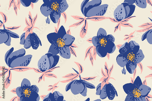 Simple seamless pattern of hand drawn gouache flowers, abstract colorful background.