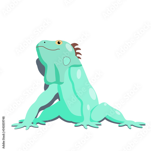 Green iguana cartoon character sitting on white background  vector isolated.