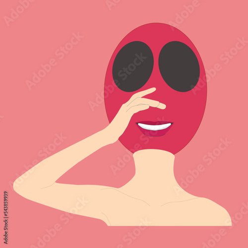 Character with human shoulders and hand in beige color with lines to emphasize the shapes, crimson ball head with big empty eyes laughing, vector isolated on pink background.