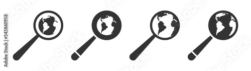 Earth globe and magnifying glass icon. Vector illustration.