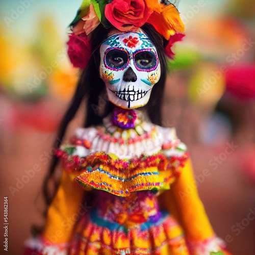  a portrait of a female in a beautiful scary Mexican day of the dead festival 3D illustration
