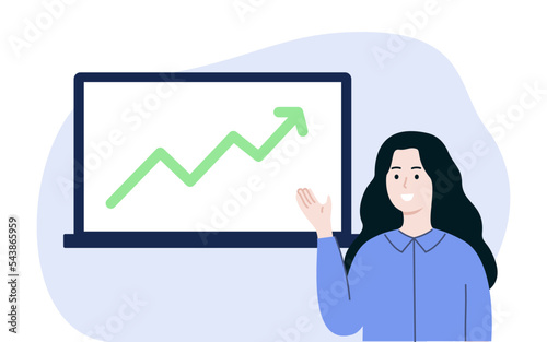 Smiling businesswoman at presentation with green rising arrow board screen. Business, success, finance, growth, achievement, performance concept. Flat vector character design illustrations.