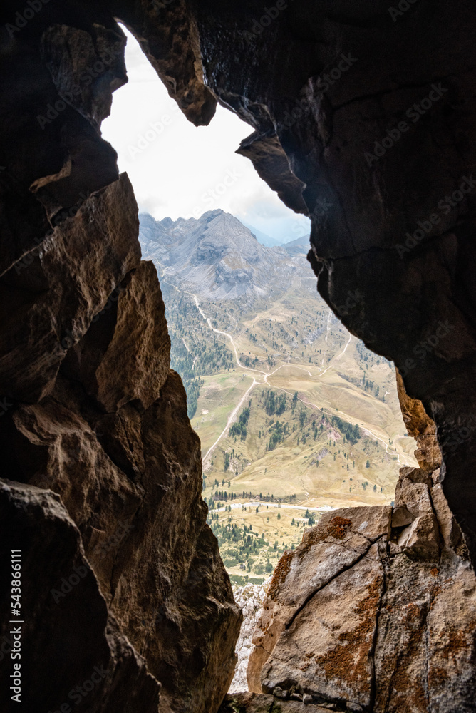 View out of a loophole of the Mount Lagazuoi tunnels, built during the First World War, Dolomite Alps in South Tirol