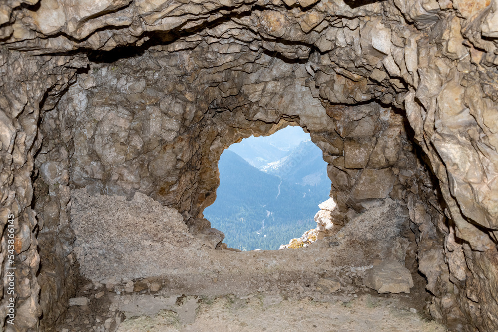 View out of a loophole of the Mount Lagazuoi tunnels, built during the First World War, Dolomite Alps in South Tirol