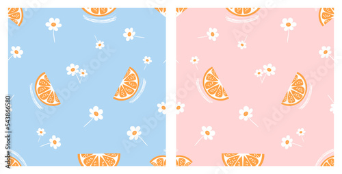 Seamless pattern with orange fruit and white flower on blue and pink backgrounds vector illustration. Cute fruit print.