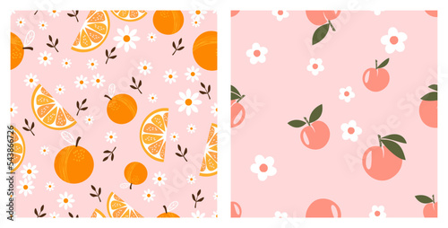 Seamless pattern with orange fruit , peach and white flower on pink backgrounds vector illustration.