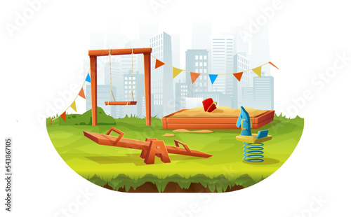 Cartoon style illustarion of kids outdoor playground with swings, slides and sand pit.