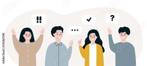 Group of Business colleague people having discussion in office. Teamwork, positive relationship, brainstorm concept. Flat cartoon people vector design illustration.