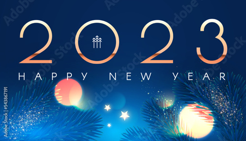 Happy new 2023 year Elegant gold text with fir tree branches and light effects.