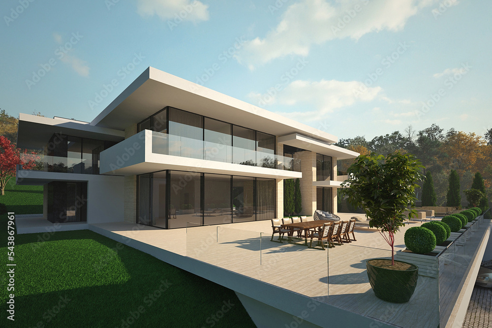 Modern villa in relief. Panoramic windows, large terrace. Flat roof. Villa exterior