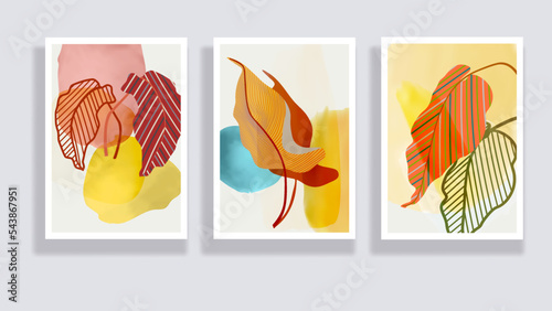 Trendy set of minimalist tropical leaves and abstract forms. Minimal botanical wall art. Mid century modern graphic. Plant art design for social media, blog post, print, cover, wallpaper. Vector