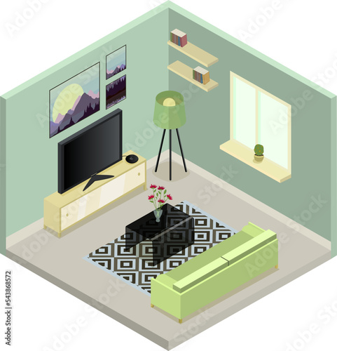 The elegant living room is fashionable and modern. Vector illustration in isometry, room interior