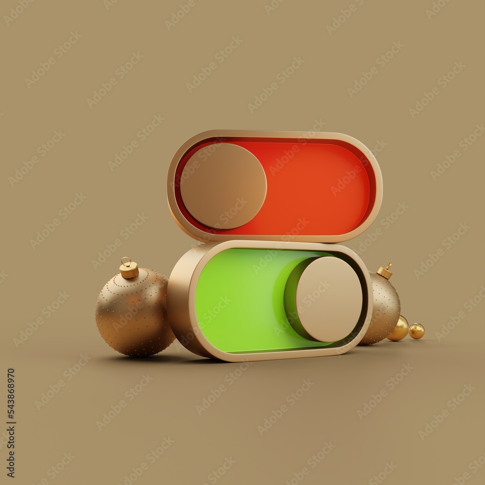 Turn on the Christmas and New Year holidays today. Two switches with Christmas tree toys in gold tones. 3D rendering. 