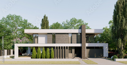 Modern home on a small lot. 3D visualization of the house. Bright facade of the house. panoramic windows
