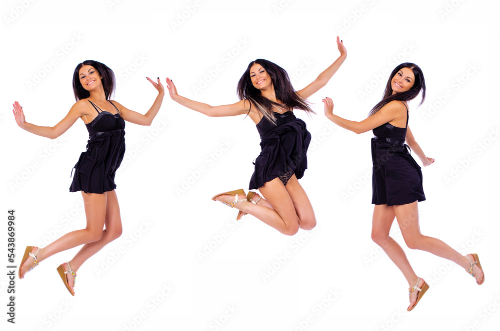 Collage three happy Young beautiful brunette women in a black dress, isolated on a white background Collage three happy Young beautiful brunette women in a black dress, isolated on a white background