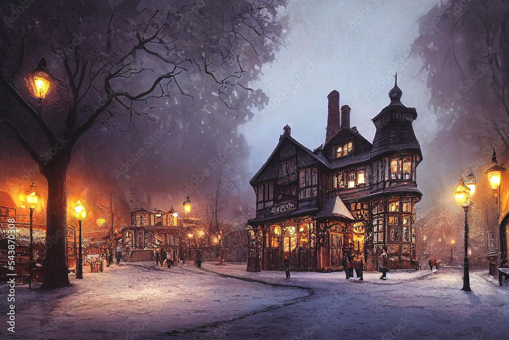 A fabulous winter town with old streets and Victorian style houses. Winter streets, lanterns, December. Winter festive Christmas decorations of the city. Card. - obrazy, fototapety, plakaty 
