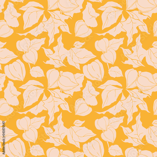 Abstract pattern from physalis. Physalis silhouette. Seamless abstract floral pattern. Orange background. Autumn.