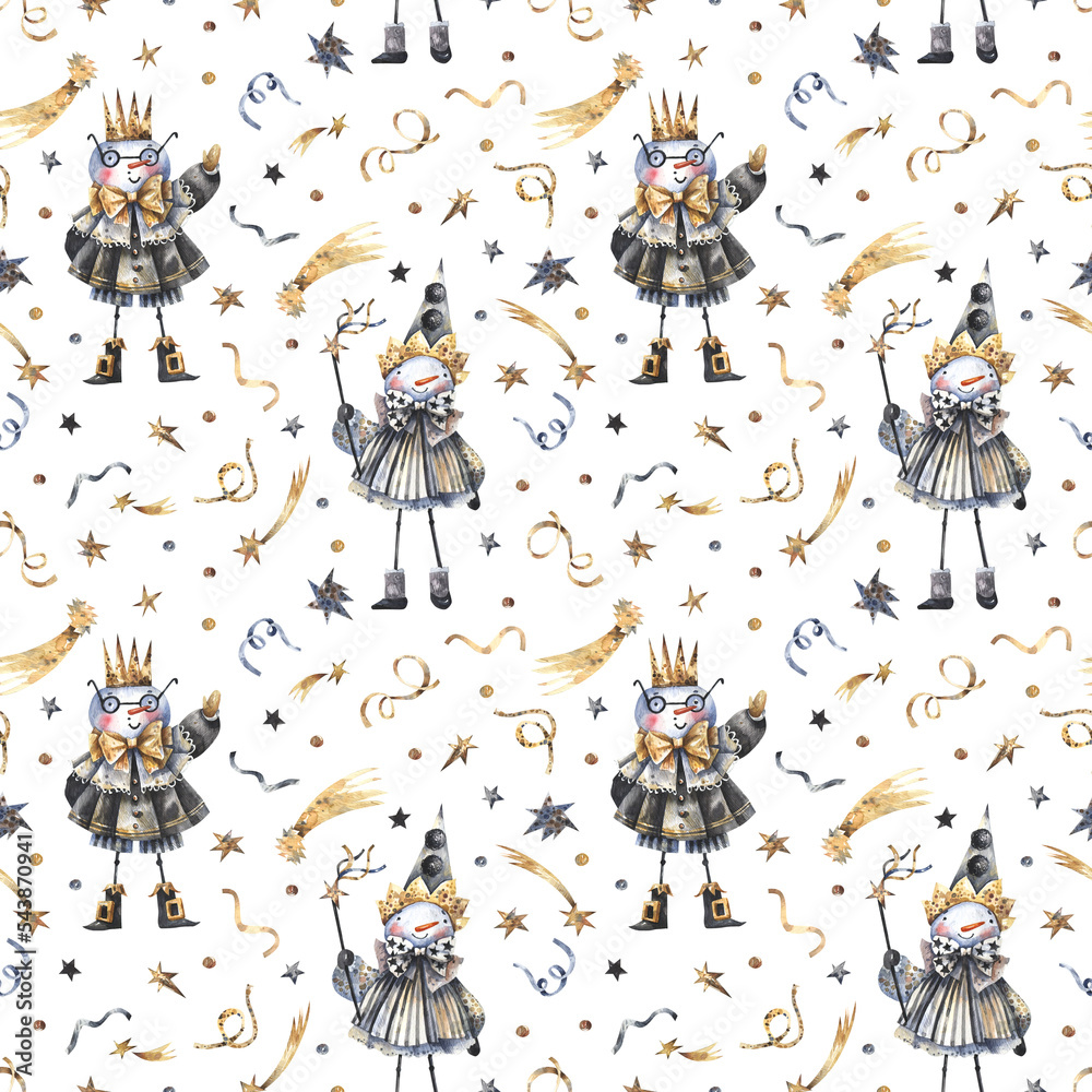 Watercolor seamless pattern with snowmen, golden stars and confetti. Christmas, New Year background with snowmen in carnival costumes.