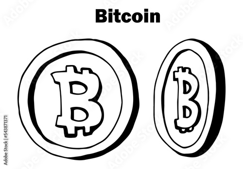 Doodle icons of coins on the isolated white background. Cryptocurrency bitcoin. Symbols of currencies in hand drawn sketch style. Vector illustration. Business, economy concept.