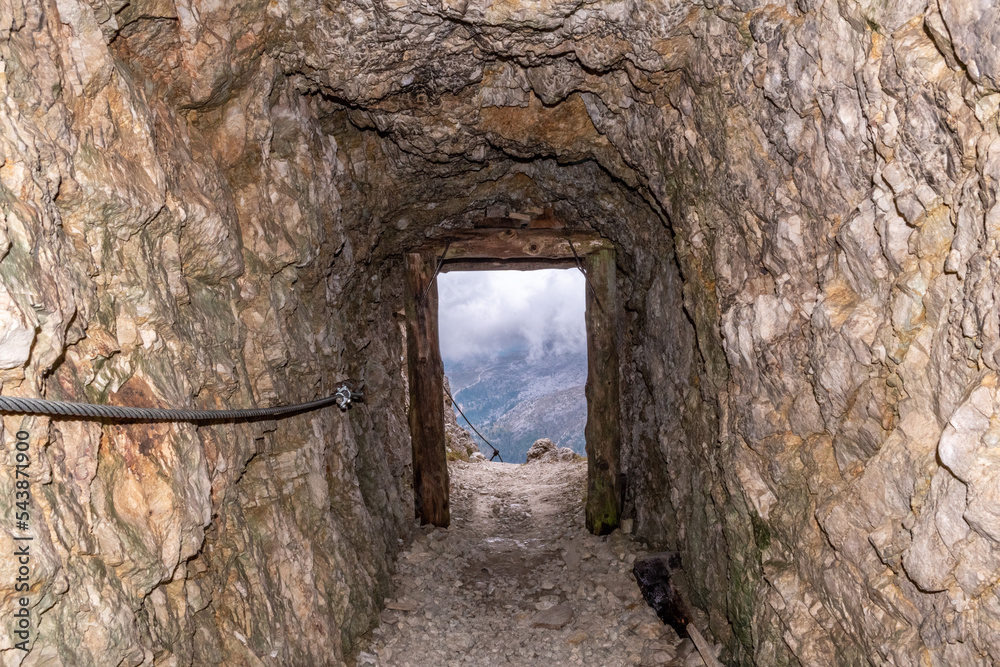 A tunnel in Mount Lagazuoi, part of a defense system in the First World War at the Dolomite Alps, South Tirol